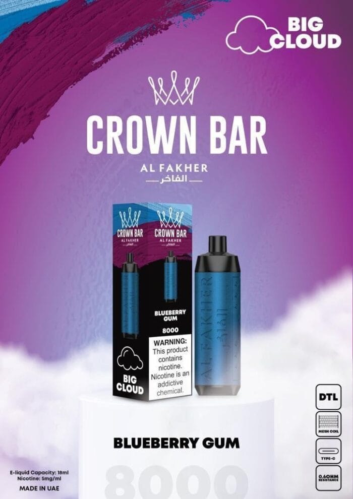 Al Fakher Blueberry Gum Crown Bar Disposable 8000 Puffs Best Vape Shop In Dubai Vape Shop Near Me