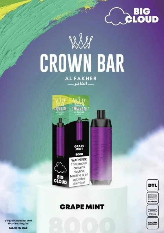 Dubai Vape Store - Best Vape Shop in Dubai UAE! 127 Al Fakher Grape Mint Crown Bar 8000 Puffs Disposable Best Vape Shop In Dubai Vape Shop Near Me
